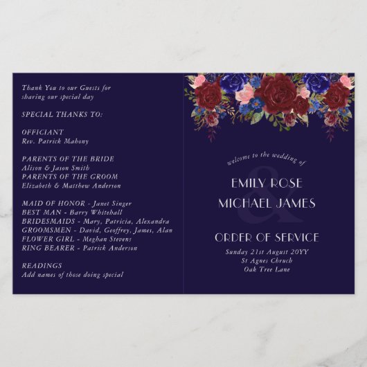 Budget Hochzeitsprogramm Burgundy Blue Rose Blume (Vorderseite)