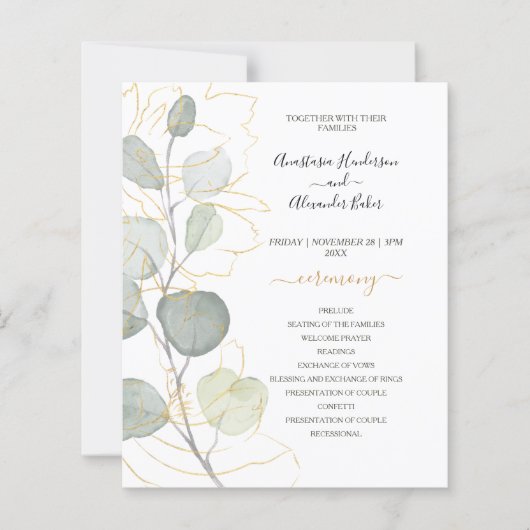 Budget-Hochzeitsprogrammkarte mit Blumenmotiv. (Vorderseite)