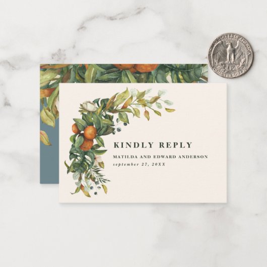Budget Hochzeitszitrus botanische moderne RSVP-Kar Mitteilungskarte (Vorderseite/Rückseite Beispiel)