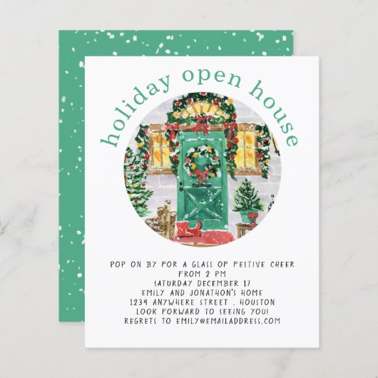 Budget Holiday Open House Party Aquamarin Einladun (Vorne/Hinten)