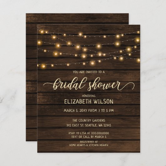 Budget Holz String Lichter Bridal Dusche Einladung (Vorne/Hinten)