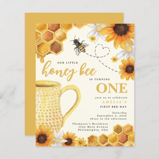 Budget Honey Bee Watercolor Sonnenblume 1. Geburts (Vorne/Hinten)