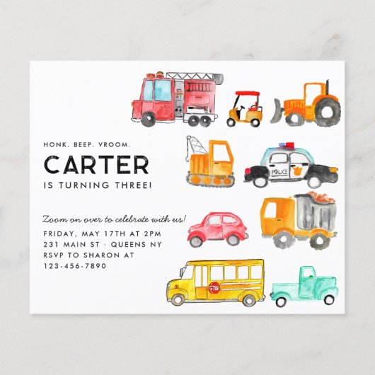 Budget Honk Beep Vroom Transportation Kind Geburts Flyer (Vorne)