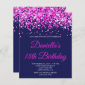 Budget Hot Pink Glitter Navy 18th Birthday Invite (Vorne/Hinten)