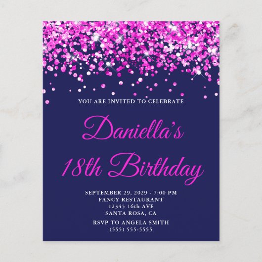 Budget Hot Pink Glitter Navy 18th Birthday Invite (Vorderseite)