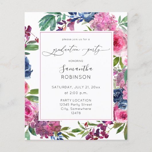 Budget Hot Pink & Navy Blue Floral Graduation Part Flyer (Vorne)