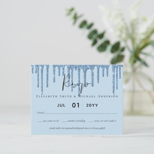 Budget Hübsch Girl BLAUE Glitzer Wedding RSVP Postkarte (Stehend Vorderseite)