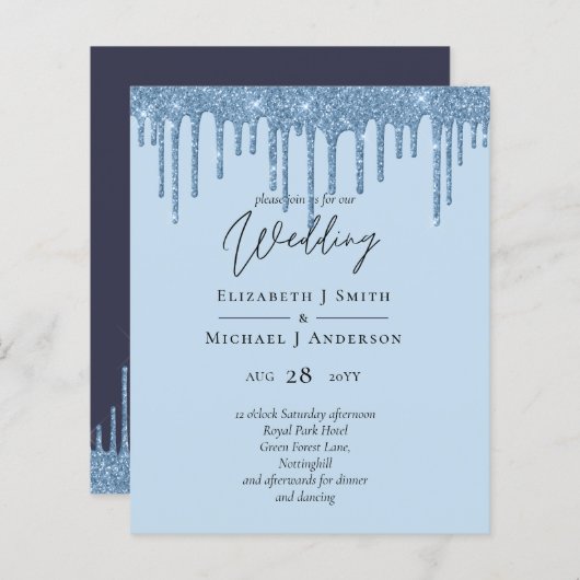Budget Hübsch Girly BLAUE Glitzer Hochzeit Einladu (Vorne/Hinten)