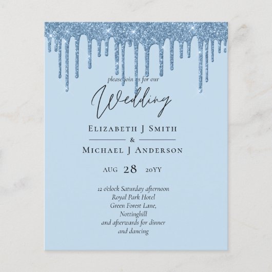 Budget Hübsch Girly BLAUE Glitzer Hochzeit Einladu (Vorderseite)