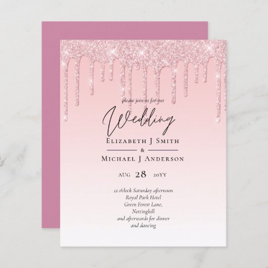 Budget Hübsche Girly Wedding Glitzer Rosa Einladun (Vorne/Hinten)