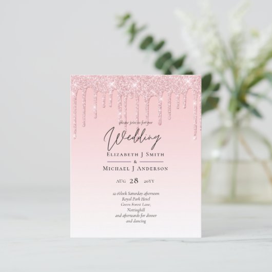 Budget Hübsche Girly Wedding Glitzer Rosa Einladun (Stehend Vorderseite)
