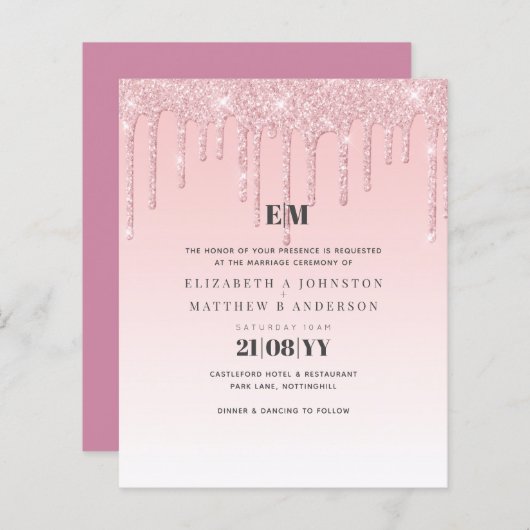 Budget Hübsche Girly Wedding Glitzer Rosa Einladun (Vorne/Hinten)