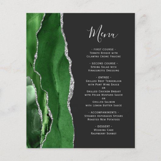 Budget Hunter Green Silver Agate Dark Wedding Menu (Vorderseite)