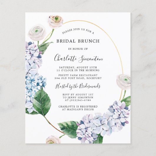 Budget Hydrangea Rose Bridal Brunch Einladung (Vorderseite)