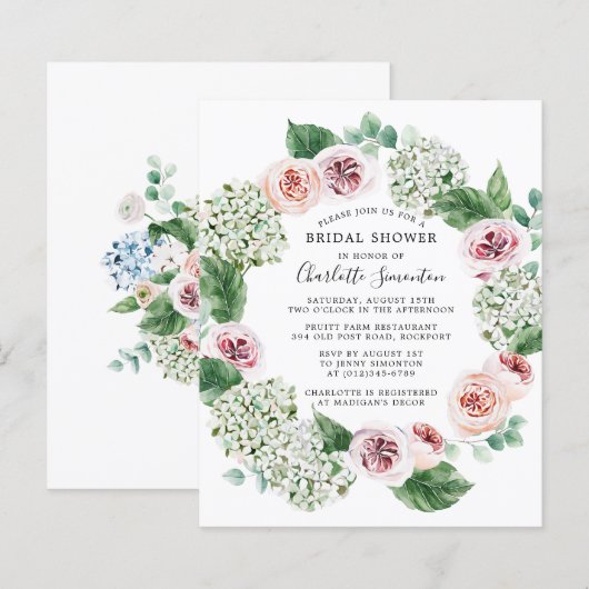 Budget Hydrangea Rose Bridal Dusche Einladung (Vorne/Hinten)