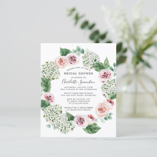 Budget Hydrangea Rose Bridal Dusche Einladung (Stehend Vorderseite)