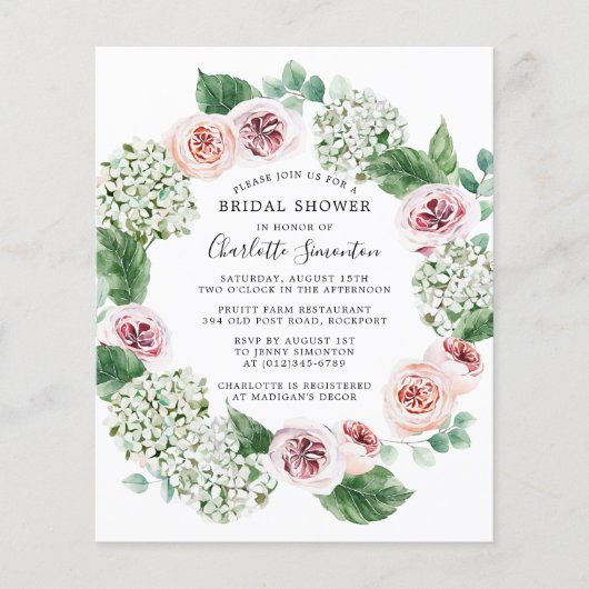 Budget Hydrangea Rose Bridal Dusche Einladung (Vorderseite)