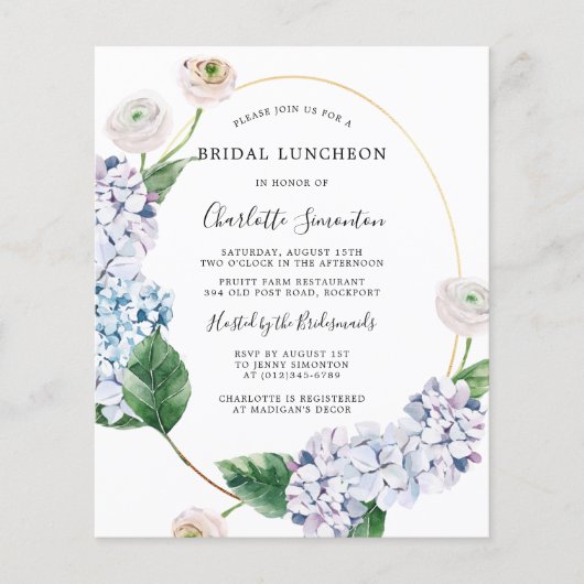 Budget Hydrangea Rose Bridal Luncheon Einladung (Vorderseite)