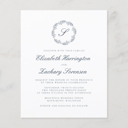 Budget Indigo Blue Monogram Script Hochzeit (Vorderseite)