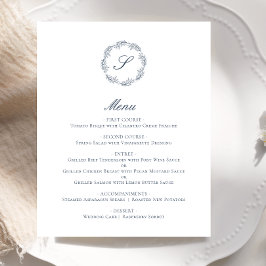 Budget Indigo Blue Monogram Wreath Wedding Menu