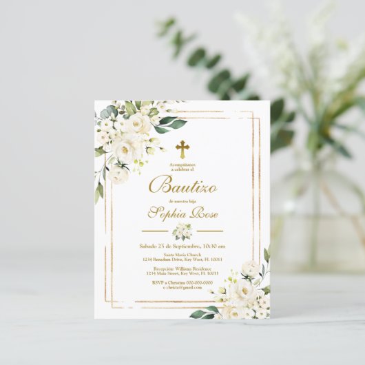 Budget Invitación de Rosas Blancas para Bautizo (Stehend Vorderseite)