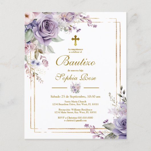 Budget Invitación de Rosas Moradas para Bautizo (Vorderseite)