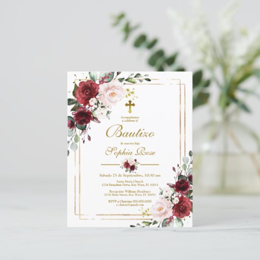 Budget Invitación de Rosas Rojas para Bautizo (Stehend Vorderseite)