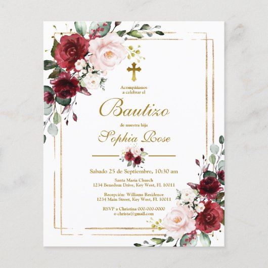 Budget Invitación de Rosas Rojas para Bautizo (Vorderseite)
