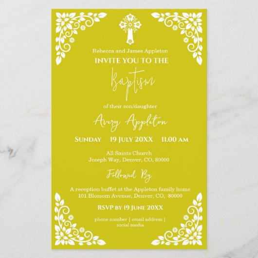 Budget Invitation Floral Cross Baptism Yellow Flyer (Vorne)