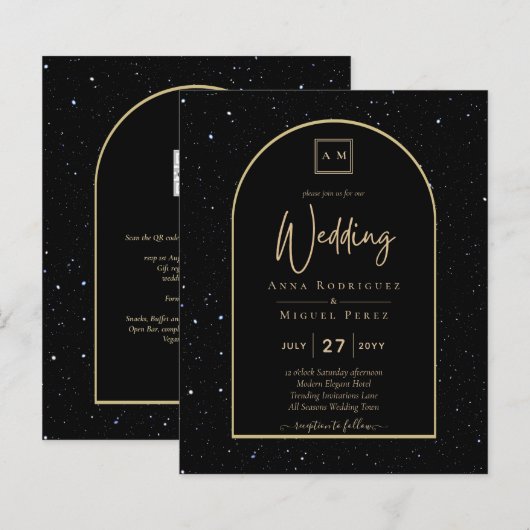 BUDGET Jet BLACK GOLD Starry Night Wedding INVITE (Vorne/Hinten)