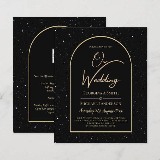 BUDGET Jet BLACK GOLD Starry Night Wedding INVITE (Vorne/Hinten)