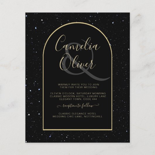 BUDGET Jet BLACK GOLD Starry Night Wedding INVITE Flyer (Vorne)