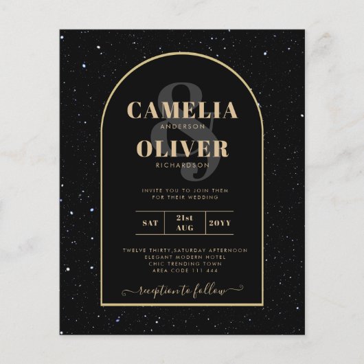 BUDGET Jet BLACK GOLD Starry Night Wedding INVITE Flyer (Vorne)