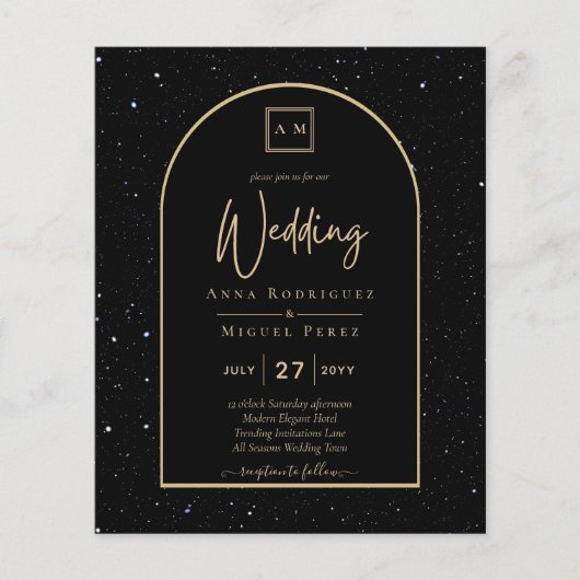 BUDGET Jet BLACK GOLD Starry Night Wedding INVITE Flyer (Vorne)