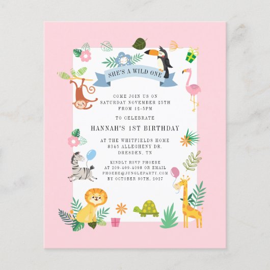 Budget Jungle Animals Girl 1. Geburtstag Einladung (Vorderseite)