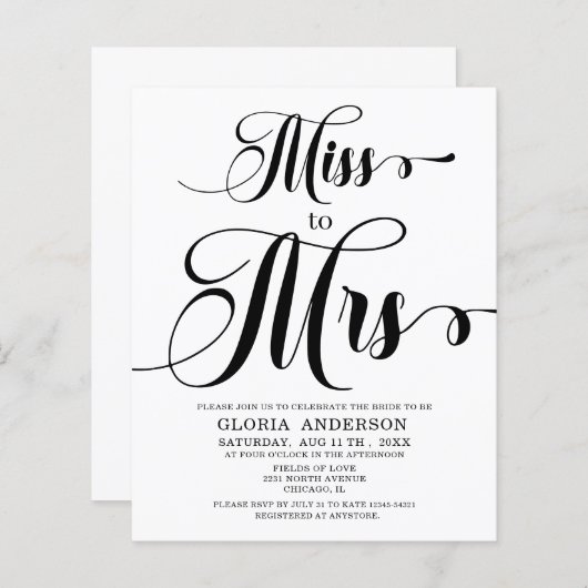 Budget Kalligrafie Bridal Dusche Einladung (Vorne/Hinten)