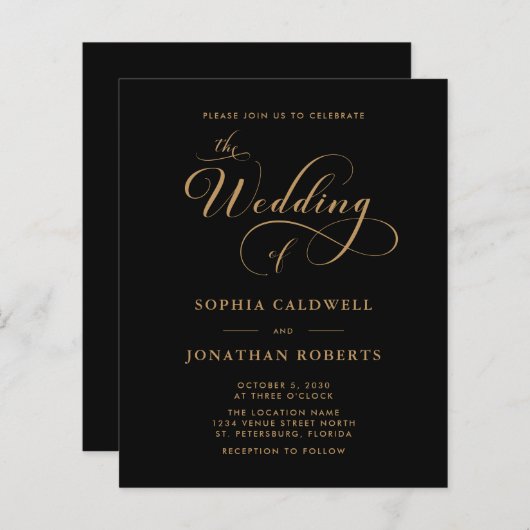 Budget Kalligrafie QR Code Black Gold Hochzeit (Vorne/Hinten)