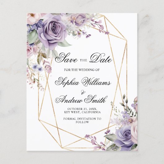 BUDGET-Karte Lila und blau Save the Date (Vorderseite)