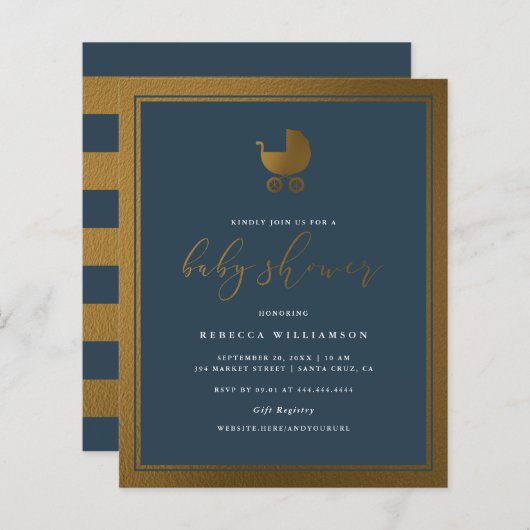 Budget Klasse Navy Blue Gold Pram Boy Baby Dusche (Vorne/Hinten)