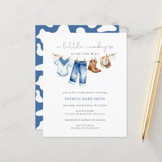 Budget Kleine Cowboy Boy Babydusche Einladung (Vorderseite/Rückseite Beispiel)