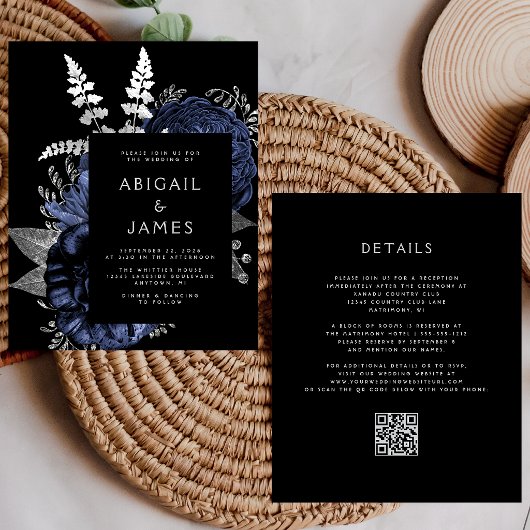 Budget Launisch Floral Navy Silber QR Code Hochzei