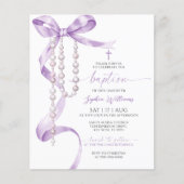Budget Lavender Bow & Rosary Taufe Einladung (Vorderseite)