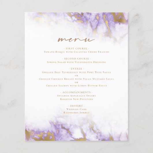 Budget Lavender Gold Marble Wedding Menü (Vorderseite)