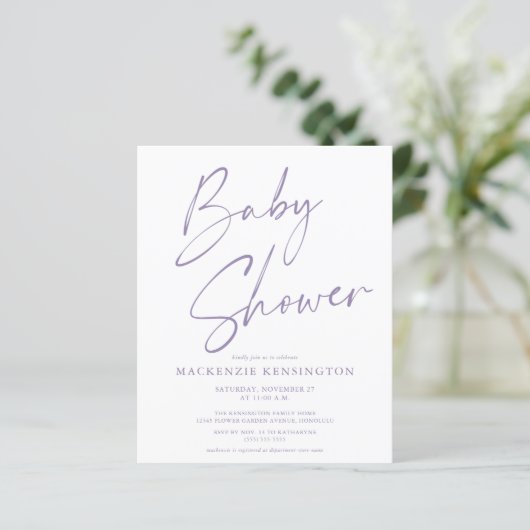 Budget Lavender Handgeschriebene Script Baby Dusch (Stehend Vorderseite)