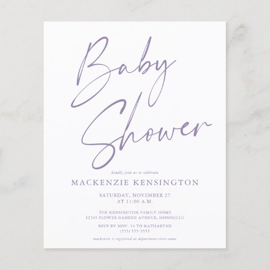 Budget Lavender Handgeschriebene Script Baby Dusch (Vorderseite)
