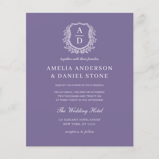 Budget Lavender Lila Wappen Hochzeit Einladung (Vorderseite)