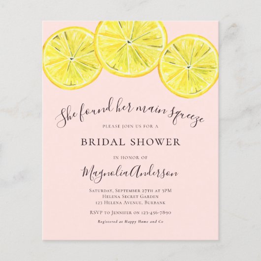 Budget Lemon Citrus Bridal Dusche Einladung (Vorderseite)