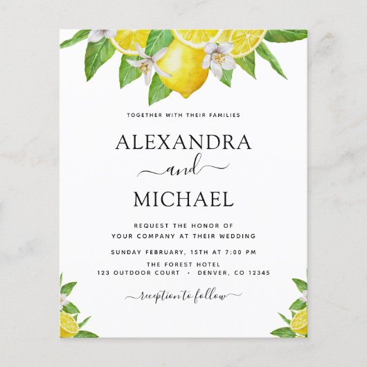 Budget Lemon Citrus Yellow Watercolor Hochzeit Flyer (Vorne)