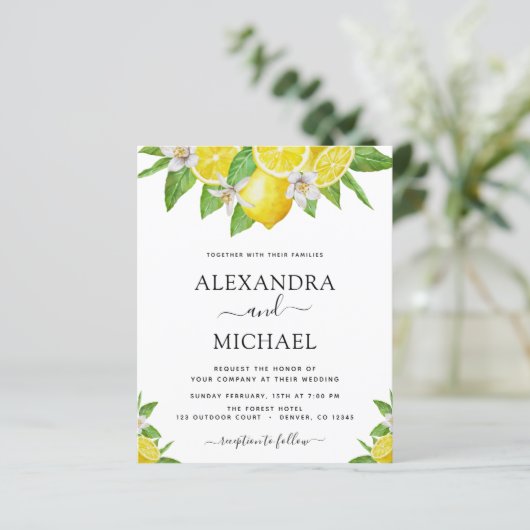 Budget Lemon Citrus Yellow Wedding Einladung (Stehend Vorderseite)