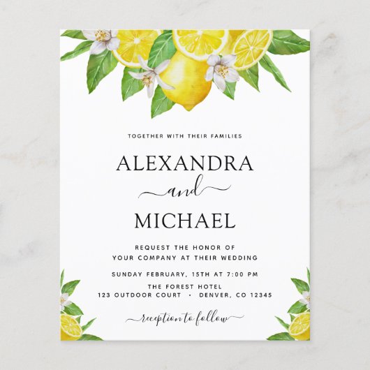 Budget Lemon Citrus Yellow Wedding Einladung (Vorderseite)